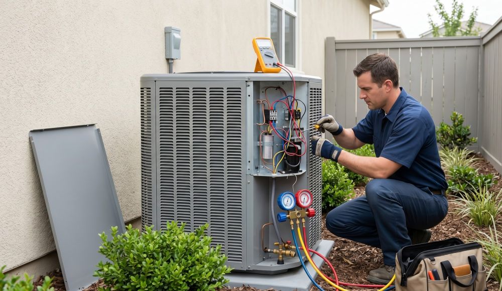 his image shows a technician performing AC Repair in San Marino CA on an outdoor air conditioning condenser unit. The front panel is open and reveals internal wiring, capacitors, and electrical components while diagnostic tools are connected to the system. The technician is testing the system using gauges and a multimeter to find the issue and restore cooling performance. The unit sits beside a residential home wall with a fence and landscaping, which reflects a real service visit in a Southern California home. Green Planet HVAC provides AC repair services in San Marino CA and nearby areas, helping homeowners fix cooling problems and improve system performance. Call (818) 383-6516 to schedule AC repair service today.
