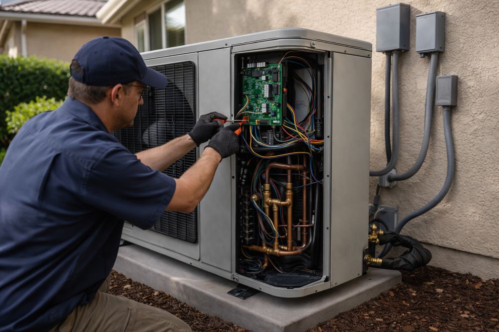 A technician performing AC Repair in South Pasadena CA on an outdoor air conditioning condenser unit. The front panel is open and reveals internal components such as a circuit board, wiring, and copper piping that are part of the cooling system. The technician is using tools to adjust electrical connections and diagnose the issue affecting system performance. The unit is installed on a concrete pad next to a residential home wall with visible electrical conduit and service boxes, which reflects a typical Southern California service setup. Green Planet HVAC provides AC repair services in South Pasadena CA, helping homeowners restore cooling performance and fix system issues. Call (818) 383-6516 to schedule AC repair service.