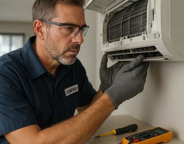 Emergency AC repair technician inspecting indoor air conditioner unit with tools and gloves.