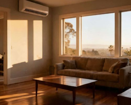Wall-mounted indoor AC unit installed in a living room for efficient cooling.