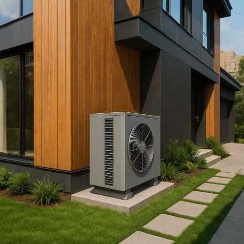 Modern gray AC condenser unit installed outside a contemporary home for maximum efficiency.