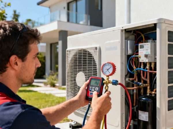 Emergency AC repair technician testing outdoor AC unit with manifold gauge for quick diagnosis.