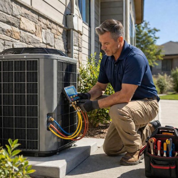 Technician performing AC Installation and Replacement in Burbank CA on an outdoor air conditioning condenser unit. The technician is kneeling beside the system and using a digital gauge manifold with hoses to test pressure and confirm proper installation. The condenser is mounted on a concrete pad next to a residential home with stone siding and a landscaped yard, which reflects a typical home in Burbank. The tools and setup show the final stage of installation where system performance is checked before operation. Green Planet HVAC provides AC installation and replacement services in Burbank CA, helping homeowners upgrade their cooling systems and improve indoor comfort. Call (818) 383-6516 to schedule service.