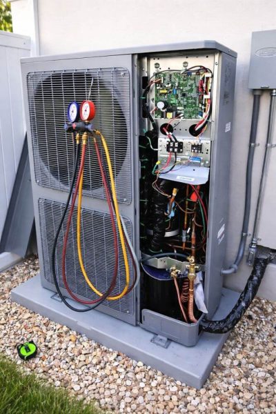 This image shows an outdoor air conditioning condenser unit during AC Installation and Replacement in Burbank CA. The front panel is open and reveals internal components such as a circuit board, wiring, compressor, and copper lines that are part of the cooling system. HVAC gauges with colored hoses are connected to the unit to test pressure and confirm proper installation. The system is mounted on a concrete pad next to a residential wall with visible conduit and electrical connections, which reflects a typical home setup in Burbank. Green Planet HVAC provides AC installation and replacement services in Burbank CA, helping homeowners upgrade systems and improve cooling performance. Call (818) 383-6516 to schedule service.