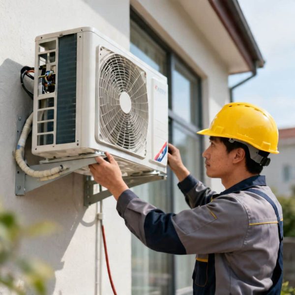 HVAC technician installing an outdoor air conditioner unit for AC repair in Glendale CA