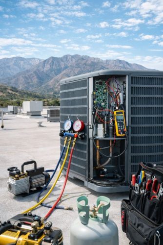 This image shows a rooftop air conditioning condenser unit undergoing AC Repair in San Marino CA. The front panel is open and reveals internal wiring, a circuit board, and electrical components used for system diagnostics. HVAC tools including pressure gauges, a digital multimeter, vacuum pump, and service equipment are connected to the unit to test performance and locate issues. The system is placed on a flat commercial rooftop with mountain views in the background, reflecting a real HVAC repair setting in Southern California. Green Planet HVAC provides AC repair services in San Marino CA, helping property owners restore cooling performance and system function. Call (818) 383-6516 to schedule AC repair service.