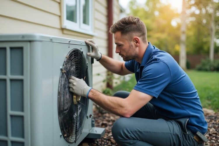 Technician performing AC Repair in South Pasadena CA on an outdoor air conditioning condenser unit. The technician is carefully inspecting the front fan grille and internal fan components to check for airflow issues and system performance problems. The unit is placed beside a residential home with siding and a landscaped yard, which reflects a common Southern California home environment. The close-up view highlights the repair process where fan operation and airflow are tested to restore proper cooling. Green Planet HVAC provides AC repair services in South Pasadena CA, helping homeowners fix AC issues and maintain indoor comfort. Call (818) 383-6516 to schedule AC repair service.