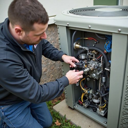 Technician performing AC Repair in South Pasadena CA on an outdoor air conditioning condenser unit with the front panel removed. The technician is working on internal components such as valves, wiring, and mechanical connections that control system operation. The open unit reveals copper lines, electrical wiring, and core parts that are inspected during a repair visit. The system is installed beside a residential home and reflects a typical Southern California service setup. Green Planet HVAC provides AC repair services in South Pasadena CA, helping homeowners fix cooling system issues and restore proper performance. Call (818) 383-6516 to schedule AC repair service.