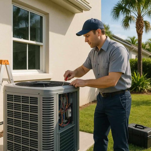 Professional HVAC technician repairing an outdoor air conditioning unit in Altadena CA