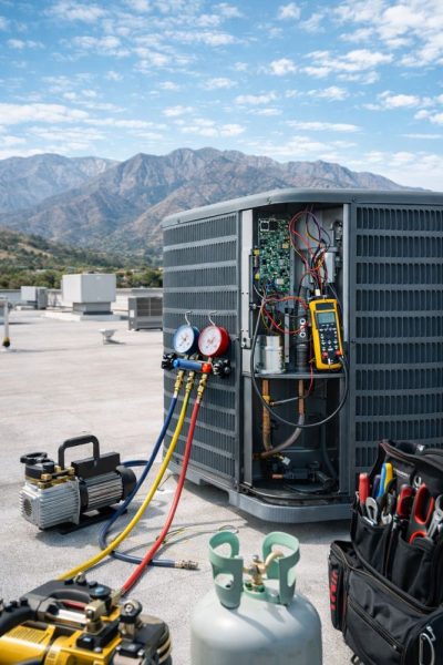 This image shows a commercial AC services Altadena CA diagnostic setup on a rooftop condenser unit with the panel open and internal wiring fully visible. The air conditioning system includes exposed circuit boards, electrical connections, and attached diagnostic tools such as a digital multimeter and manifold gauges used for system testing. Green Planet Heating & Air provides AC services in Altadena CA with a focus on accurate diagnostics, system performance, and energy efficiency for residential and commercial systems. Homeowners and property managers in Altadena can call (818) 383-6516 to schedule AC repair, maintenance, or inspection with a licensed HVAC team serving Southern California.