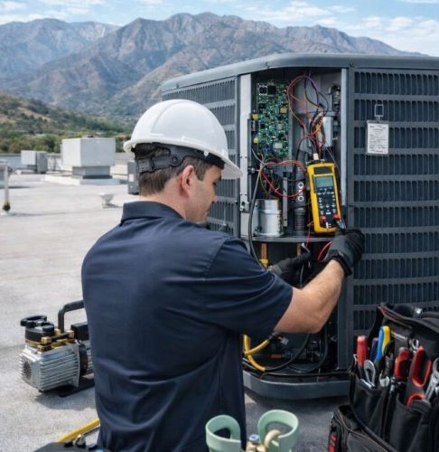This image shows AC services Altadena CA on a commercial rooftop where a technician inspects an outdoor air conditioning condenser unit with the panel open. The system displays internal wiring, circuit board, and electrical components while diagnostic tools such as a digital multimeter and gauges are connected for testing. Green Planet Heating & Air provides AC services Altadena CA for residential and commercial systems with a focus on system performance, accurate diagnostics, and safe operation. Property owners in Altadena can call (818) 383-6516 to schedule AC repair, maintenance, or system inspection with a licensed HVAC team that understands Southern California climate needs.