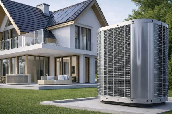 This image shows AC services in Glendale CA with a modern outdoor air conditioning condenser unit installed beside a residential home. The system sits on a concrete pad in a landscaped yard with green grass and a second unit near the house. Green Planet Heating and Air provides AC services in Glendale CA including installation, repair, and maintenance for residential systems like this. Homeowners can call (818) 383-6516 to schedule AC service and improve cooling performance.