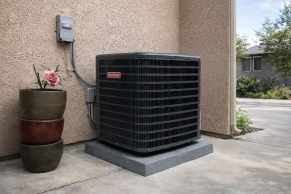 Residential outdoor AC condenser unit installed next to a stucco wall home in Pasadena, CA. The system sits on a raised concrete pad with a visible electrical disconnect box and conduit lines connected to the unit. Green Planet Heating and Air provides AC services in Pasadena CA with reliable system installation, inspection, and repair support. For service assistance call (818) 383-6516 to schedule a local HVAC visit. The scene reflects a typical Southern California home setup with a clean and functional cooling system.
