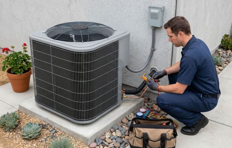 Technician performing AC services in San Marino CA by inspecting an outdoor air conditioning condenser unit next to a residential home. The HVAC system is mounted on a concrete base with visible refrigerant lines, gauges, and electrical connections used for testing performance. Green Planet Heating and Air provides AC services in San Marino CA, including repair, diagnostics, and maintenance for systems like this. Homeowners can call (818) 383-6516 to schedule AC service and restore cooling performance with a licensed HVAC technician.