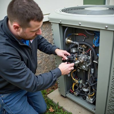 AC services in San Marino CA with a technician repairing internal components of an outdoor air conditioning condenser unit. The open panel reveals valves, wiring, and refrigerant lines used for cooling system operation. Green Planet Heating and Air provides AC services in San Marino CA, including repair and inspection of internal AC components like these. Homeowners can call (818) 383-6516 to schedule AC service and restore system performance with a licensed HVAC technician.