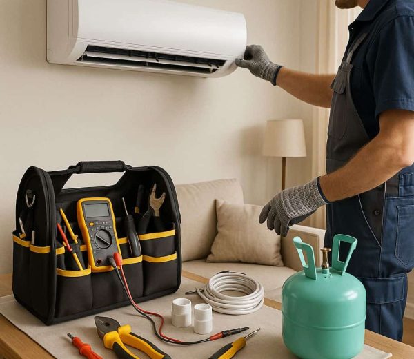 Technician performing diagnostic testing on outdoor AC unit for emergency repair in La Cañada Flintridge CA.