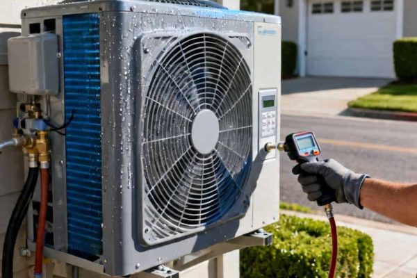 Technician inspecting a wall mounted indoor AC unit for emergency repair in La Cañada Flintridge CA.