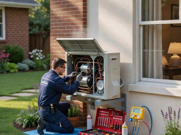 Emergency AC repair technician opening outdoor AC unit during service in La Cañada Flintridge CA.