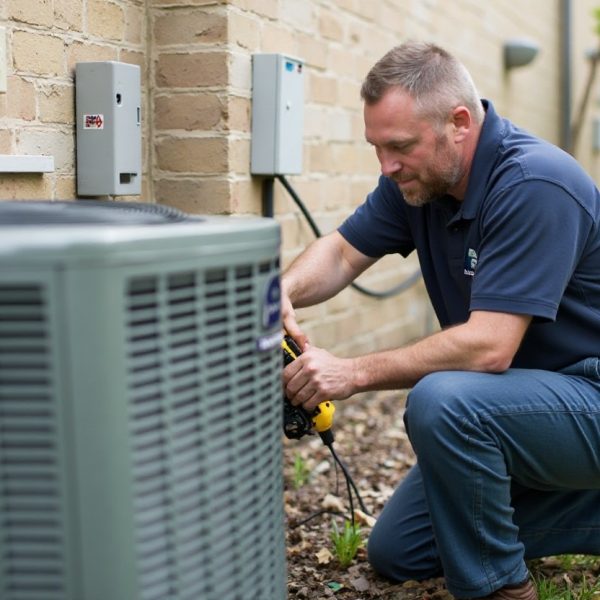 Emergency AC repair technician fixing condenser