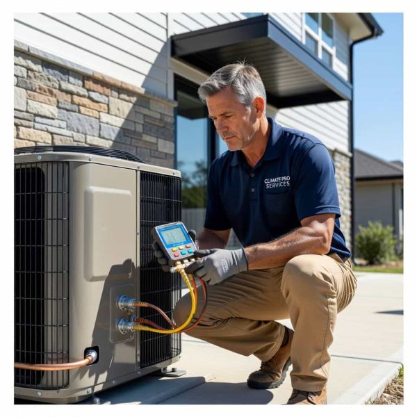 Emergency AC repair technician testing outdoor air conditioner unit with manifold gauge and hoses.