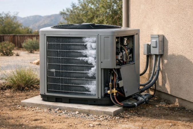 This image shows an outdoor heat pump unit in Pasadena, California that requires emergency repair due to visible frost buildup and exposed service panel components. Green Planet HVAC provides emergency heat pump repair Pasadena CA services with fast response and clear diagnostics for system issues like airflow blockage, refrigerant imbalance, and electrical faults. The scene highlights a residential HVAC setup with condenser unit, insulated lines, and surrounding home structure, showing a typical repair situation. Homeowners in Pasadena can call (818) 383-6516 to schedule urgent heat pump repair with Green Planet HVAC and restore heating and cooling performance.