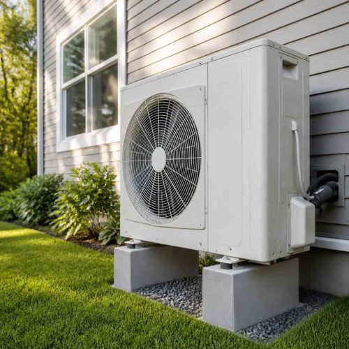 White heat pump outdoor condenser unit elevated on concrete blocks beside a gray vinyl-sided home with green landscaping