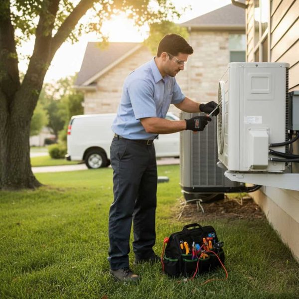 HVAC service professional performing maintenance on outdoor air conditioning condenser unit
