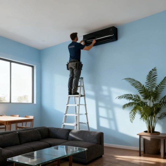 HVAC technician on a ladder mounting a black mini split air handler high on a light blue interior wall