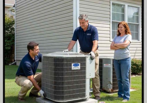 Two HVAC technicians installing a new outdoor air conditioning unit while a homeowner watches