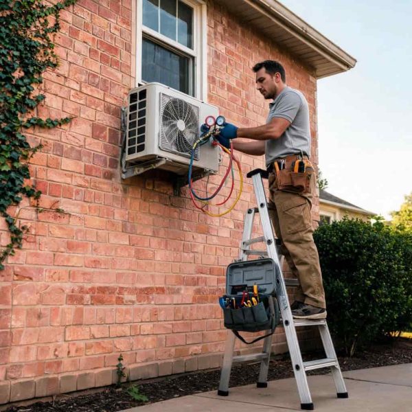 HVAC technician using refrigerant gauges to service a mini split outdoor unit mounted on a brick residential home