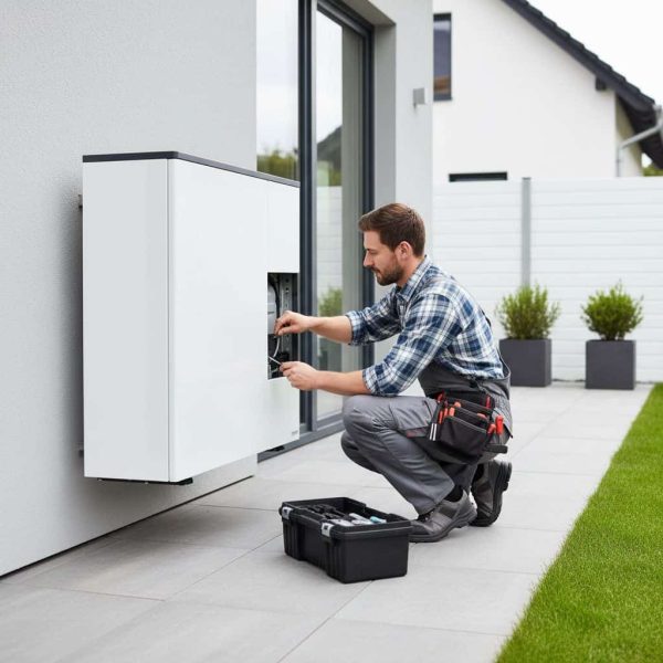 Male HVAC technician in plaid shirt kneeling and wiring a wall mounted heat pump unit on a modern white stucco home exterior