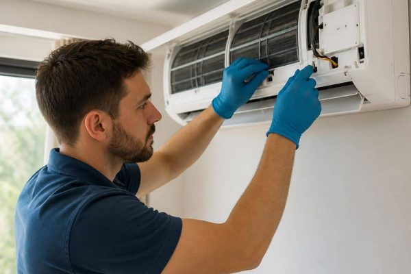 HVAC technician in blue gloves carefully wiring the interior of a wall-mounted mini split air handler in a bright white room