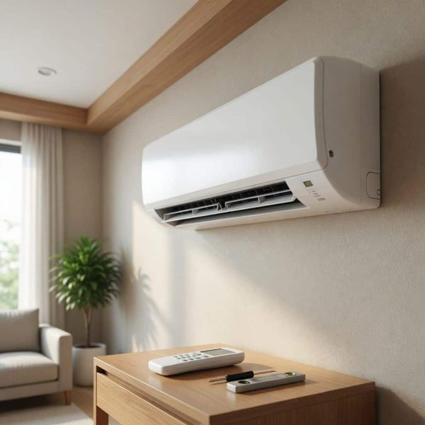 White ductless mini split air handler mounted on a beige wall above a wooden shelf with a remote control nearby