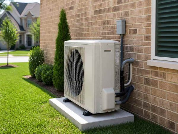 Ductless mini split outdoor condenser unit on a concrete pad beside a brick home with manicured lawn and evergreen shrubs in a residential neighborhood