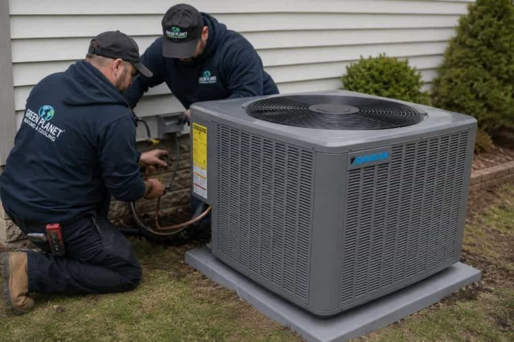 Green Planet Heating and Air technicians installing a new outdoor HVAC unit
