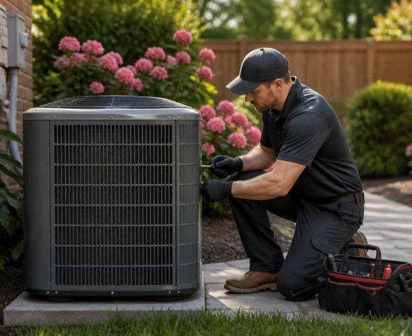 HVAC technician kneeling beside outdoor AC condenser unit in a backyard garden