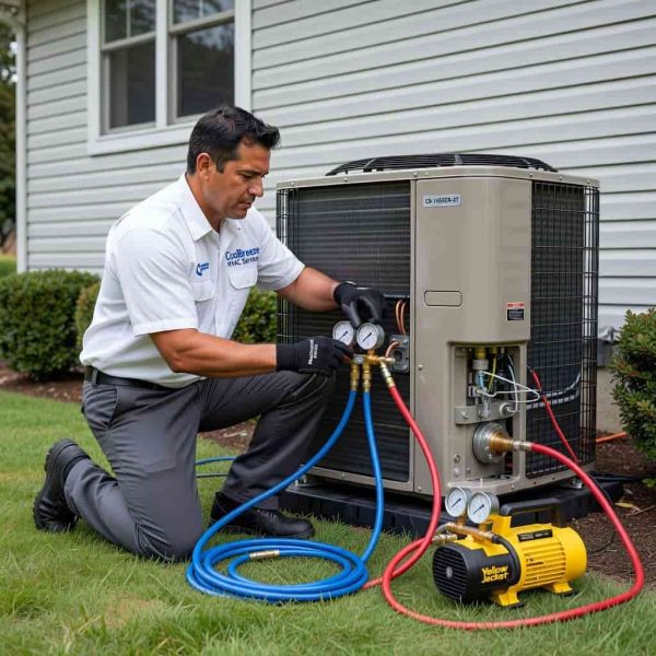 Professional technician repairing an outdoor air conditioning compressor unit using manifold gauges