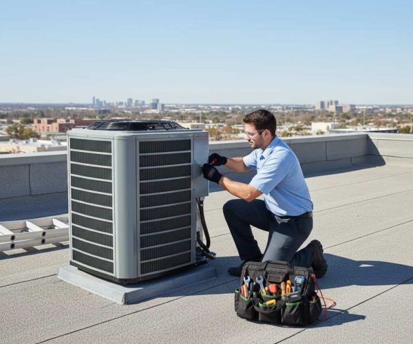 HVAC technician servicing a commercial AC unit on a rooftop with city skyline in background