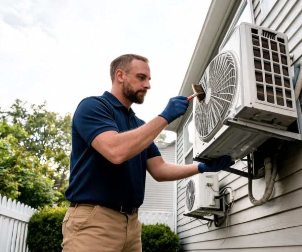 Technician in navy shirt using a brush to clean outdoor wall-mounted AC fan blades