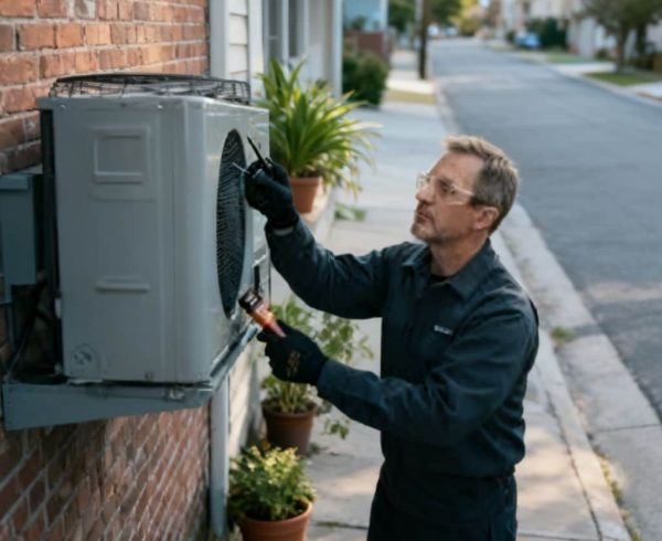 HVAC technician examining air conditioning unit fan on residential home exterior