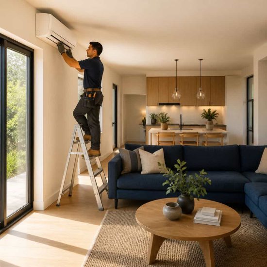 HVAC technician on a stepladder installing a white mini split air handler near the ceiling of a bright modern living room