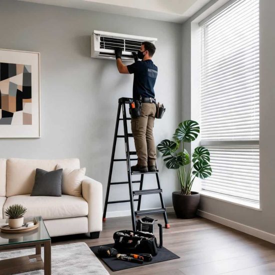HVAC technician on a ladder installing a ductless mini split indoor air handler in a modern living room