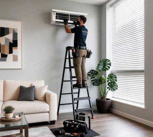 HVAC technician on a ladder installing a ductless mini split indoor air handler in a modern living room